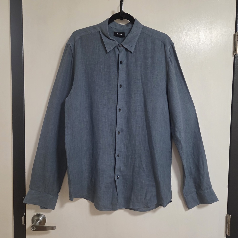 Theory Mens Linen Button Up Shirt Medium Blue Long Sleeve Casual Minimalist